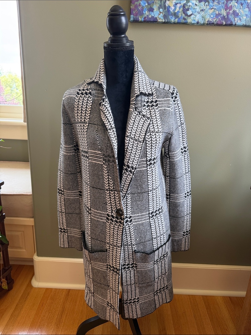 Black & White Plaid Long Women's Coat - Classic Tailored Jacket